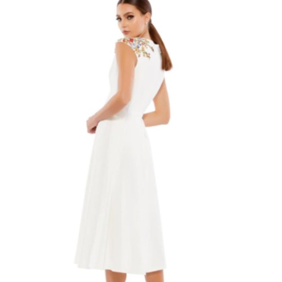 MAC DUGGAL BEADED CAP SLEEVE A-LINE FRONT SLIT MIDI WHITE DRESS sz 6 - Picture 2 of 3